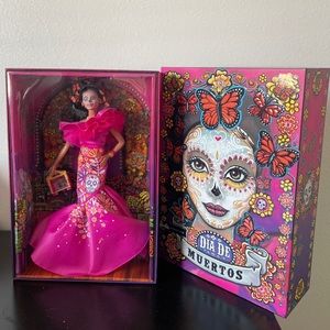 Barbie 2023 Día De Muertos Doll Wearing Ruffled Pink Gown.